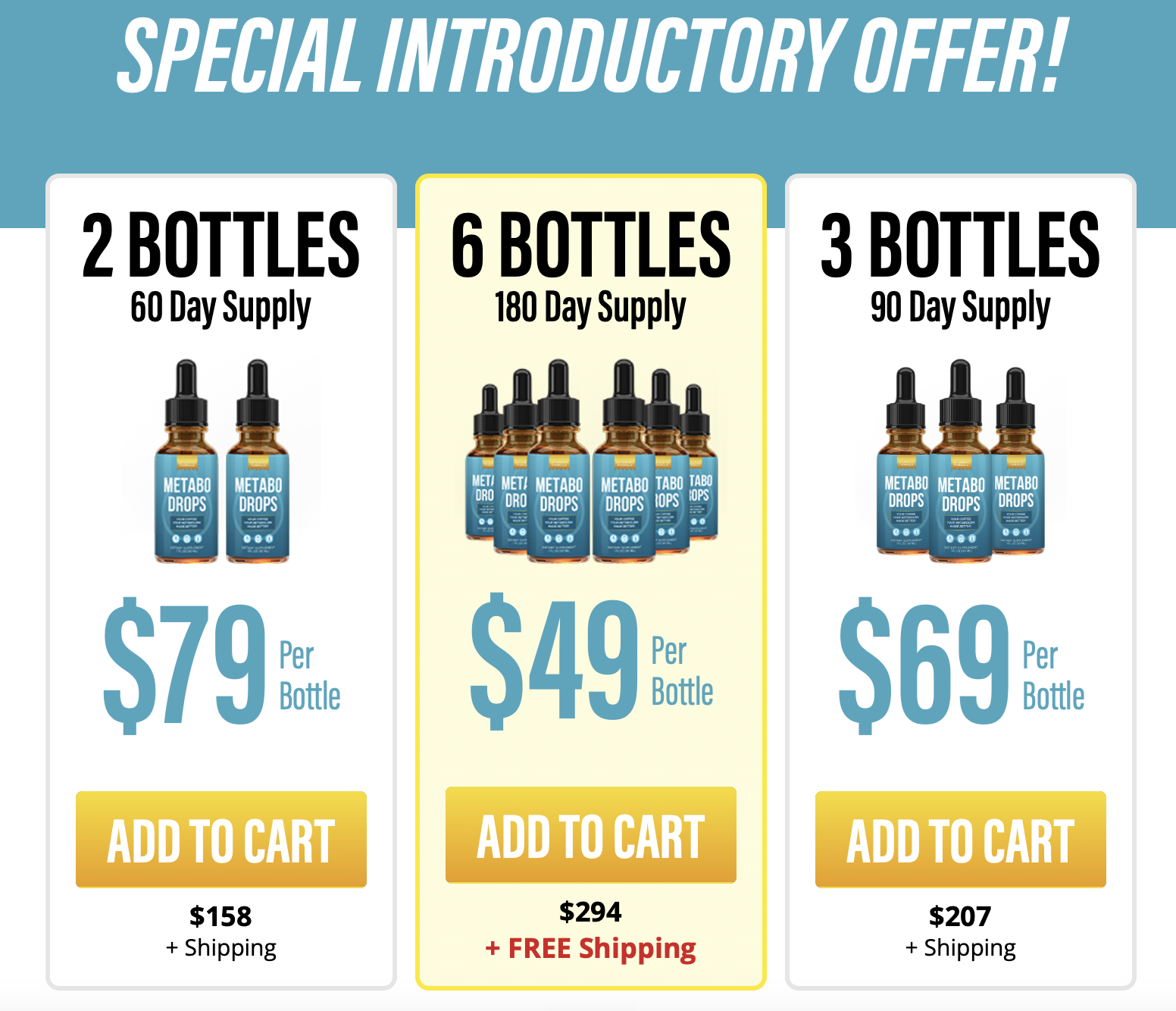 Metabo Drops introductory offer with 2, 6 and 3 bottle options